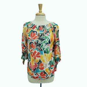 Cocomo Womens‎ PM Multicolor Floral Peasant Blouse Boho Tie Sleeve Spring Top